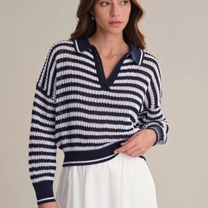 525 America Kimberly Stripe Open Stitch Navy and White Polo Sweater, S